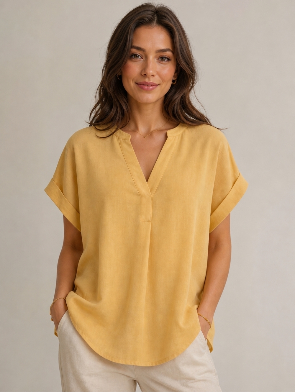 RACHEL Rachel Roy/ Light Yellow Rayon Blend/ Capped Sleeve Top/ Size US M